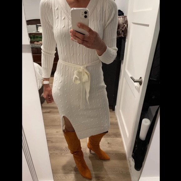 Merokeety Women's V-Neck Cable Knit Sweater Dress w Belt Apricot Stunning XL NWT - Picture 10 of 14